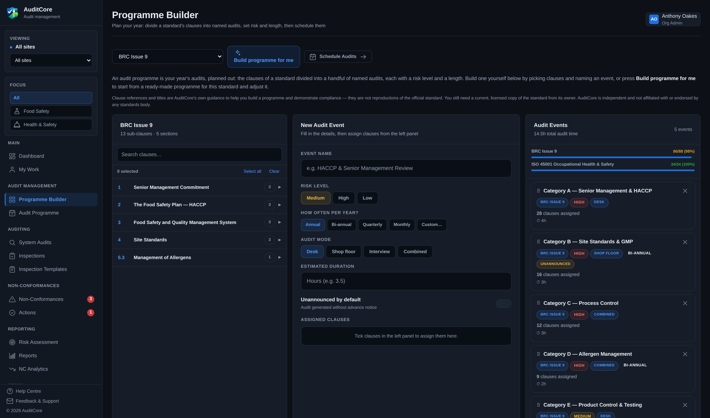 AuditCore programme builder showing BRC Issue 9 at 86 of 88 clauses covered and ISO 45001 at 34 of 34, both in the same site